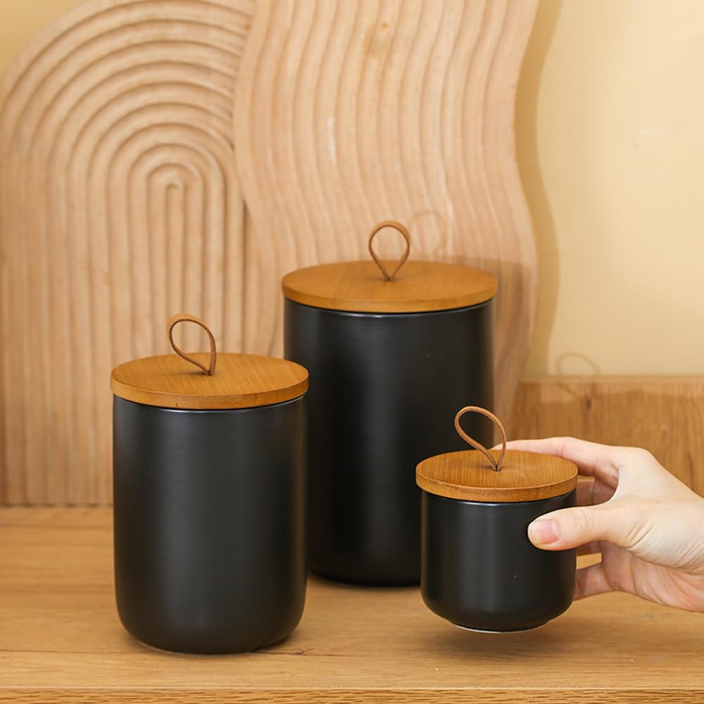 Ceramic Storage Jars, Modern Airtight Canisters with Wooden Lid (Z-three-piece suit in black)