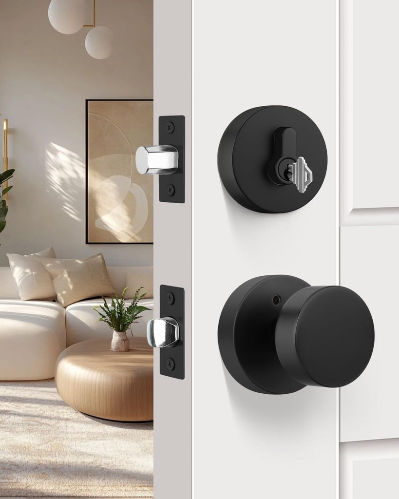 Matte Black Door Knobs with Deadbolt, Zinc-Alloy Matte Black Exterior Door Lock Set