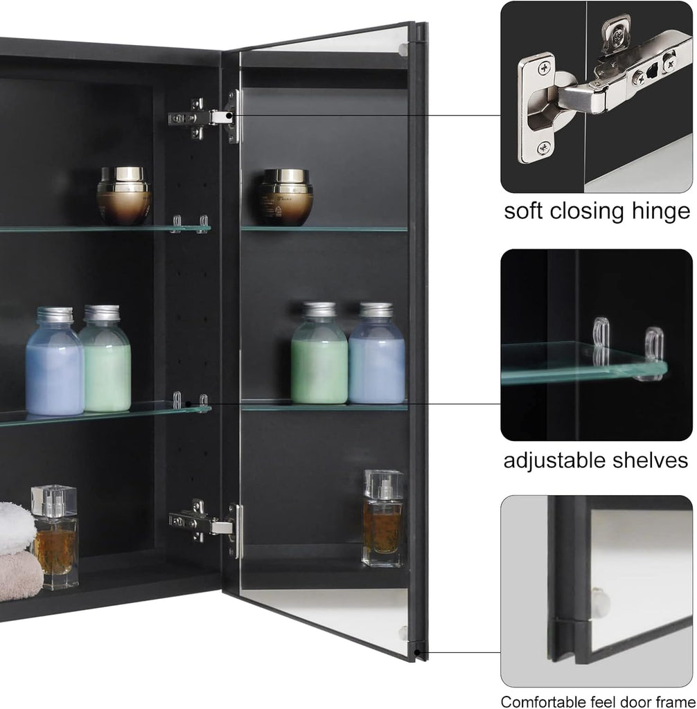 24 x 24 Black Double Door Bathroom Medicine Cabinet with Mirror, Wall Mount | Two-Door Bathroom Wall Mirror Cabinet