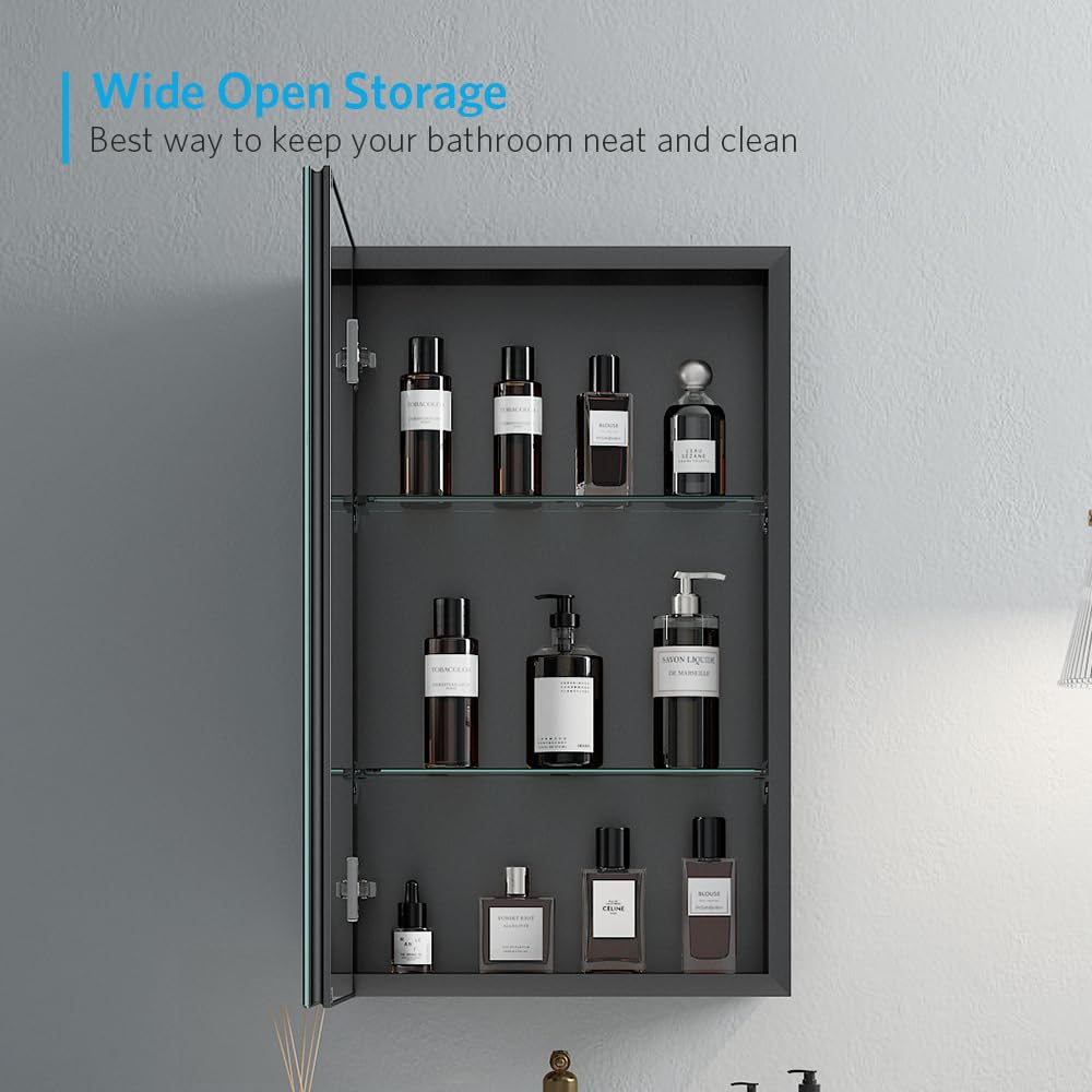 16"x26" Medicine Cabinet with Mirror, Recessed or Surface, Black