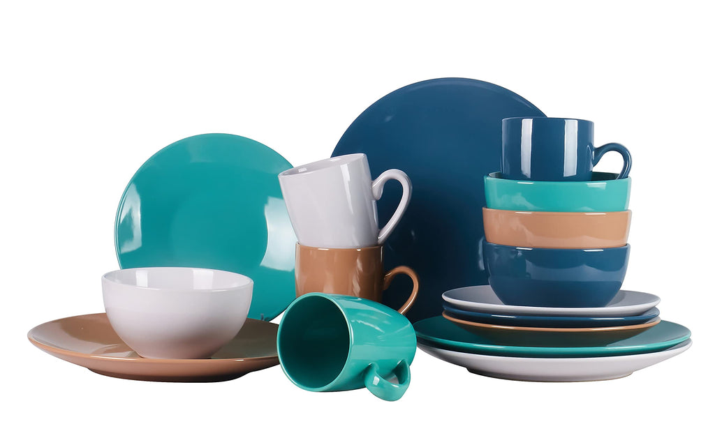 Color Wave Stoneware 16pc Dinnerware Set, Earth Paint Mixed Colors of White, Beige, Turquoise and Dark Blue