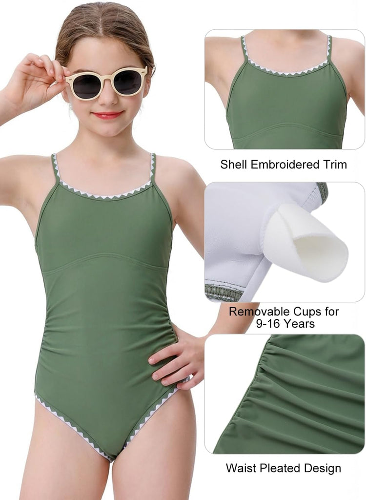 Girls One Piece Swimsuit Adjustable Straps Bathing Suit Teen Girl Color Block Trim Padded Beach Swimwear