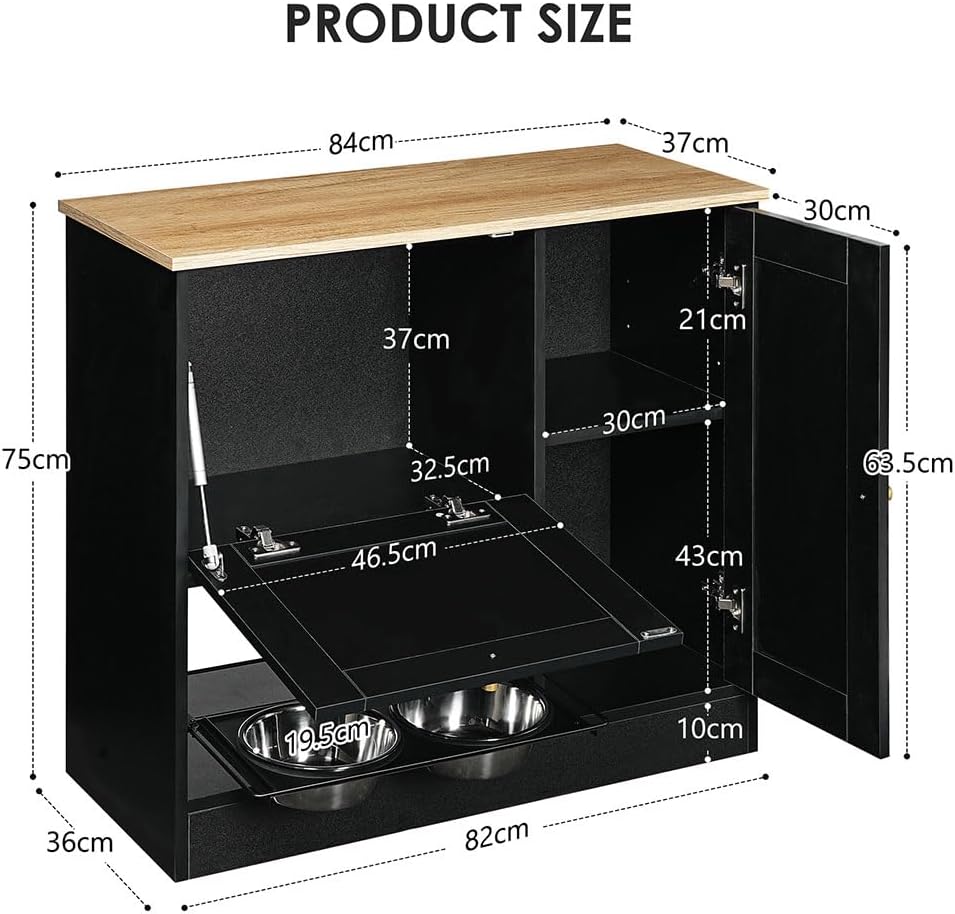 Pet Feeder Station Storage Cabinet, Hidden Pet Feeder Station with 2 Elevated Dog Bowls and Side Hooks, Cat Feeding
