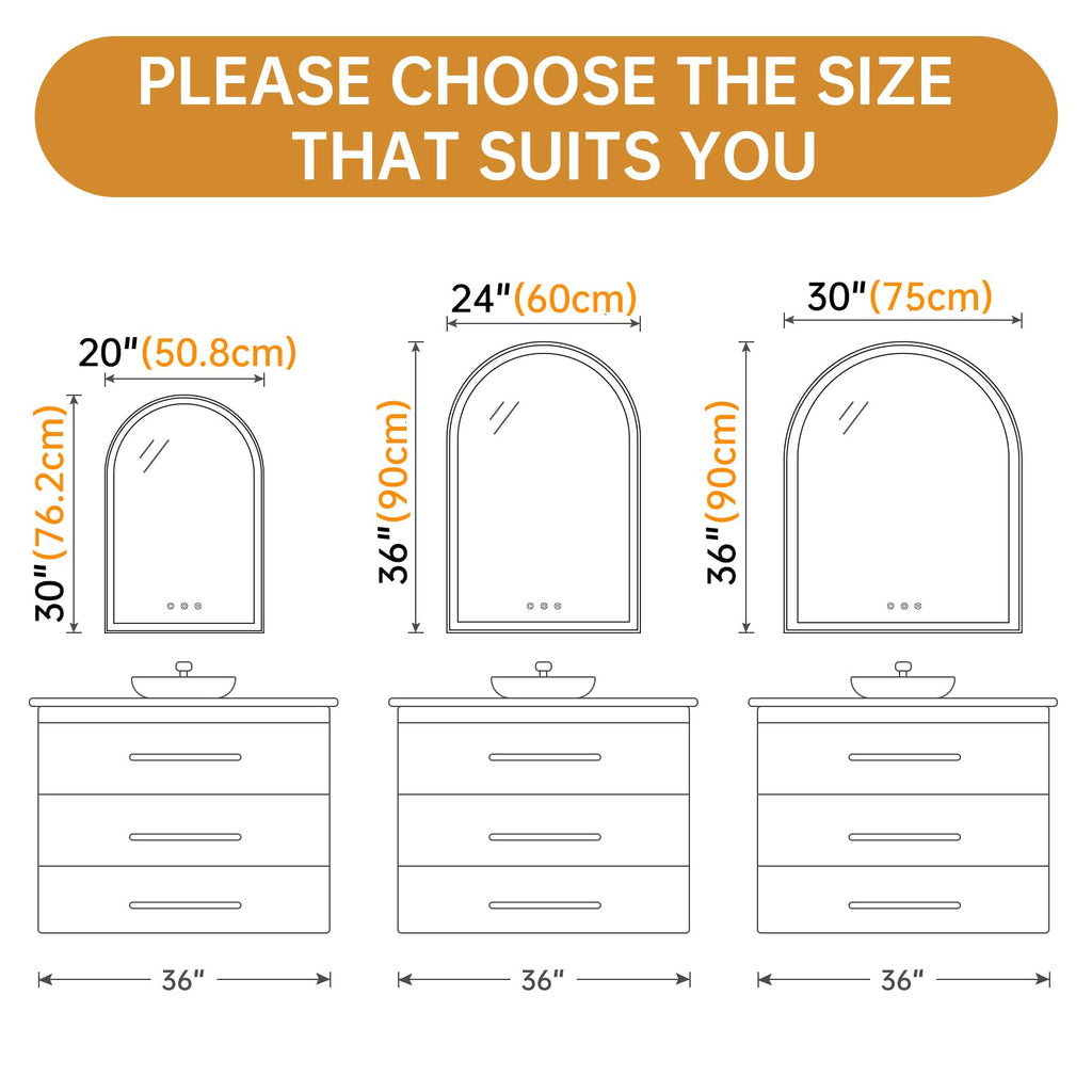 30"x36" Arched LED Lighted Bathroom Mirror with Lights
