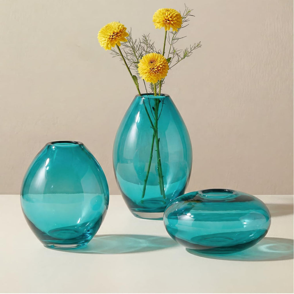 Blown Glass Teal Bud Vases - Hand Blown Turquise Vase Set & Clear Small Teal Vase for Flowers, Glass - Set of 3