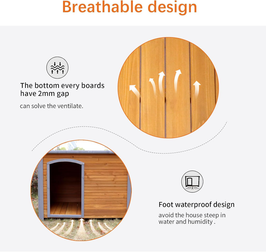 Wooden Dog House for Large Dogs, Weatherproof Outdoor & Indoor Dog Kennel with Raised Waterproof Feet, Solid Wood Pet