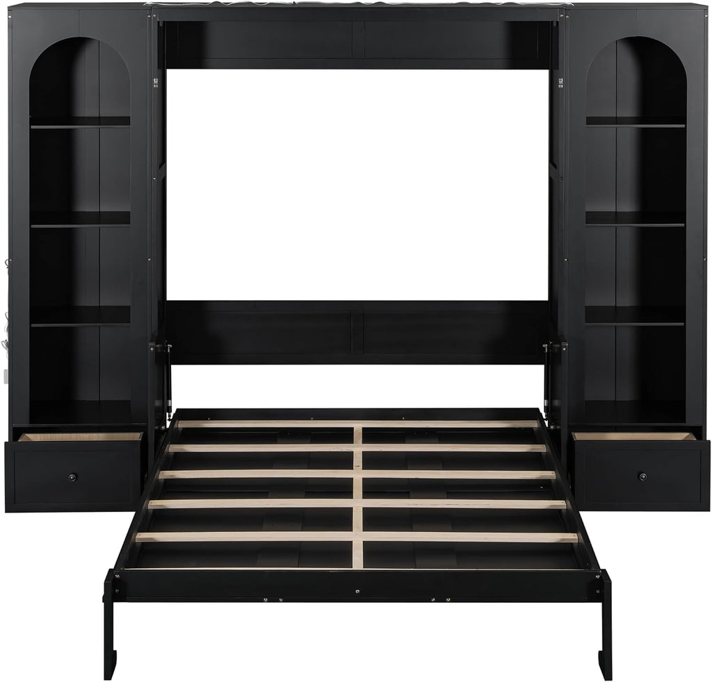 Queen Murphy Bed with Desk and Storage Bookcase & LED Light, Solid Wood Murphy Wall Bed with Storage Shelves and