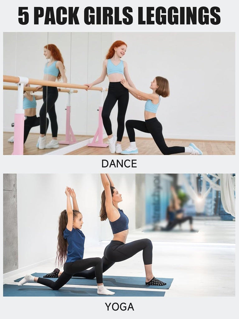 5 Packs Girls Athletic Leggings Kids Yoga Pants with Pockets High Waist Leggings Yoga Dance Workout Running