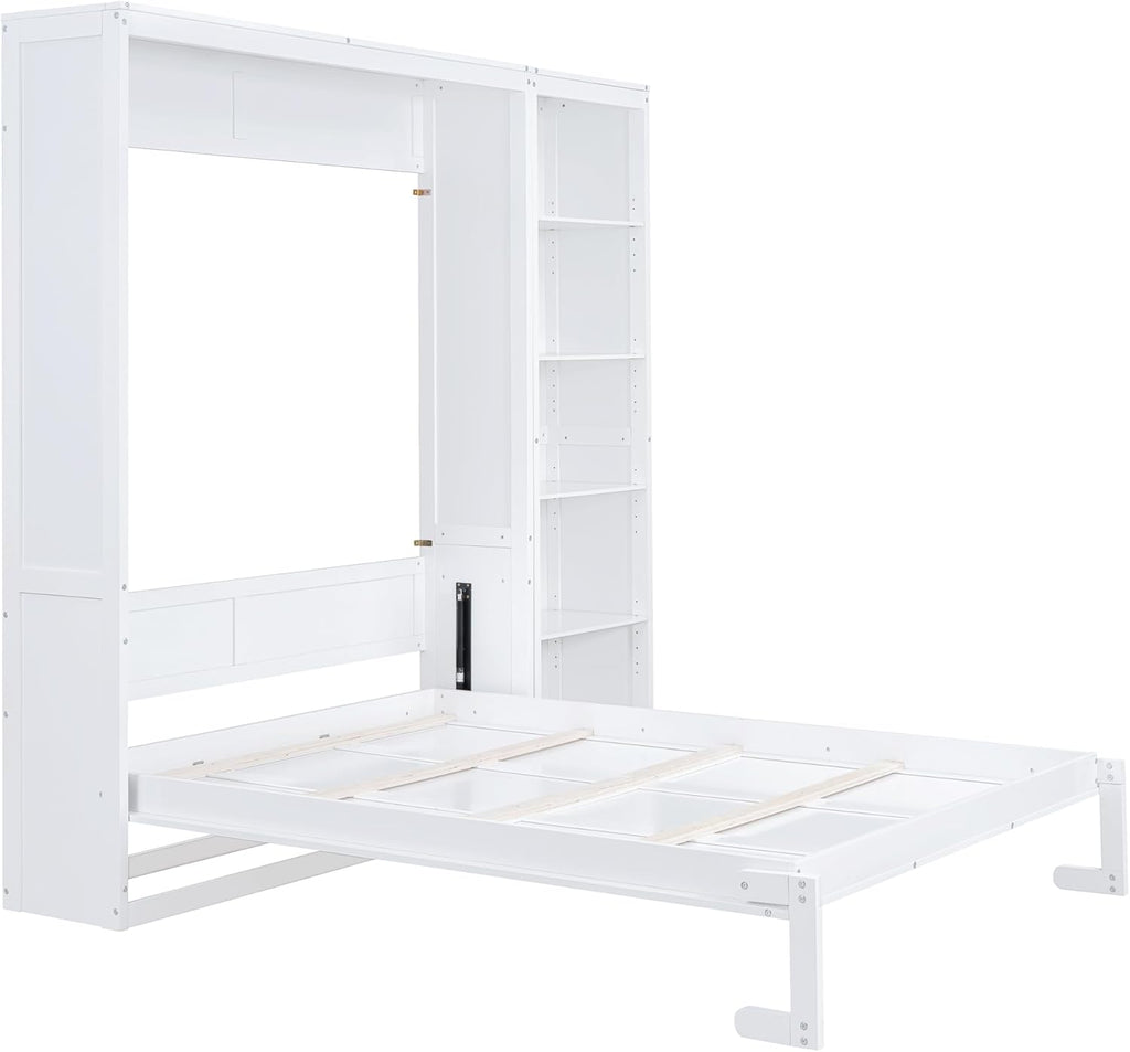 Space-Saving White Murphy Bed Queen with Adjustable Storage Shelves, Multifunctional Foldable Wall Bed for Small