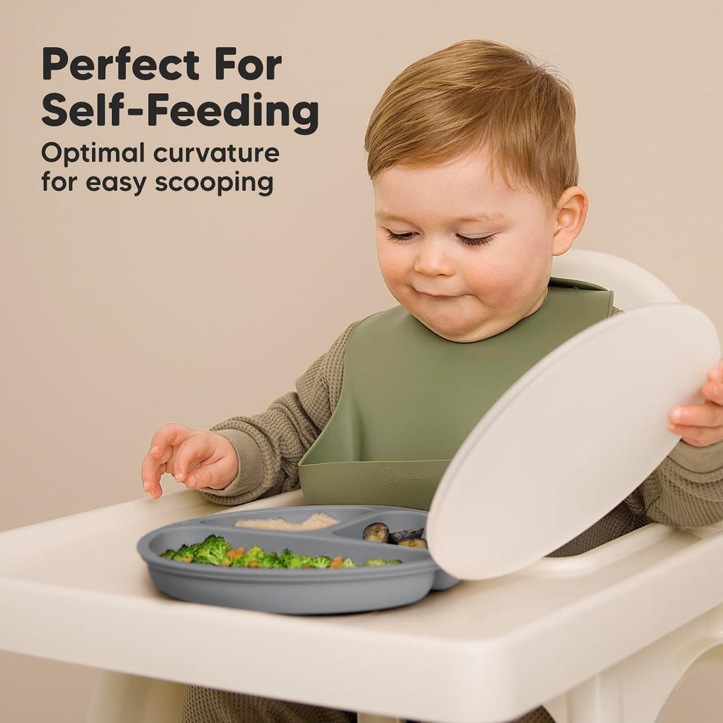 Suction Plates with Lids for Baby, 3pk, BPA-Free Silicone, Slate