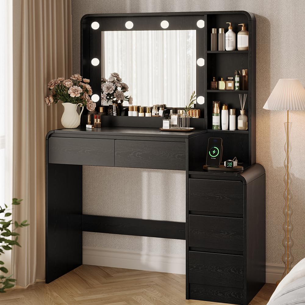 Vanity Table with Drawer Dresser, 39.3" Farmhouse Vanity Makeup Desk with Charging Station, Black Vanity Desk with