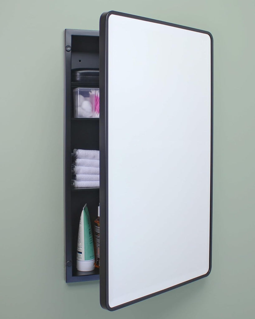 16x26 Austin Farmhouse Metal Framed Rounded Rectangle Recessed Bathroom Medicine Cabinet, Beveled Mirror, 14x24