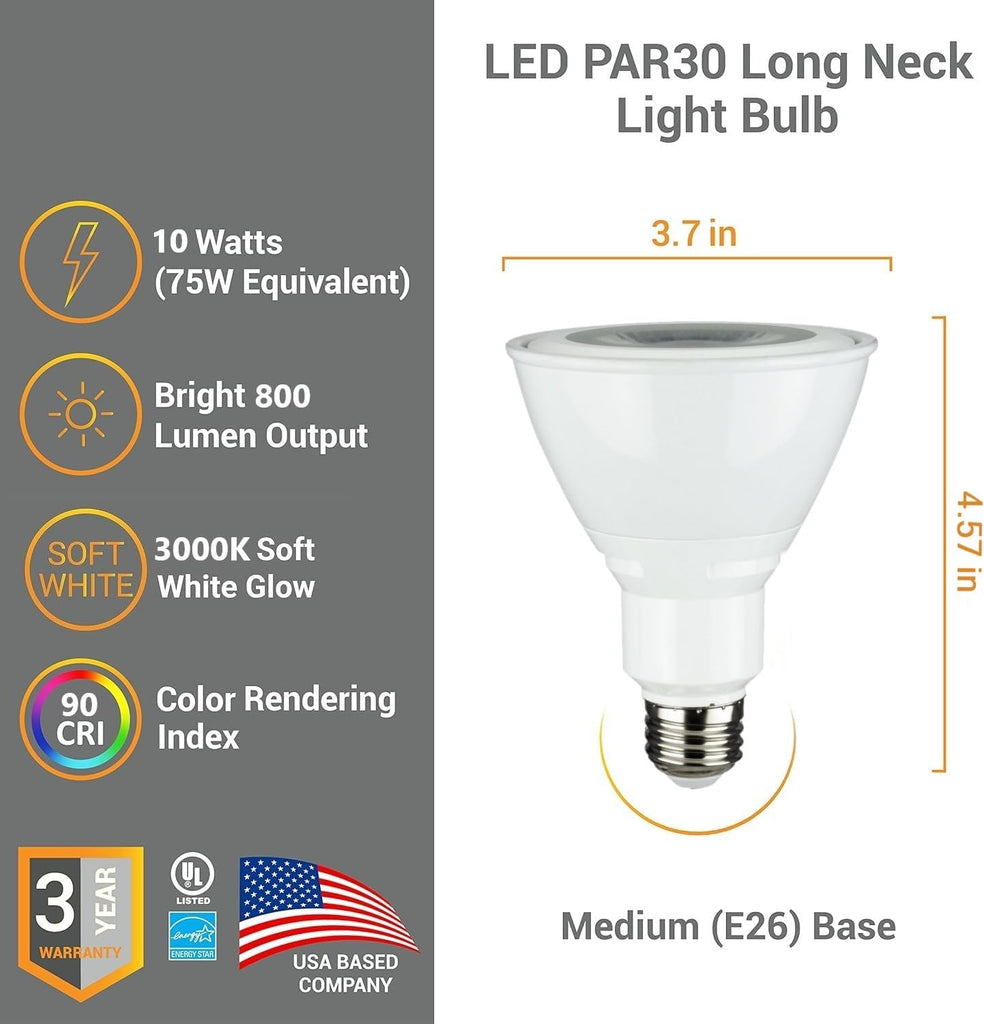 PAR30 LED Bulb Long Neck Flood Light Dimmable 10W (75W Equivalent) 800 Lumen E26 Standard Medium Base 3000K Soft