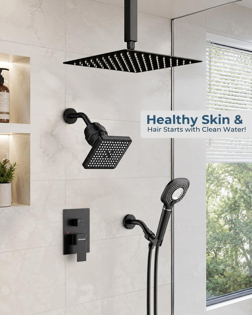 Black Shower Faucet Set with Filter, 12 inch Ceiling Mount Shower System