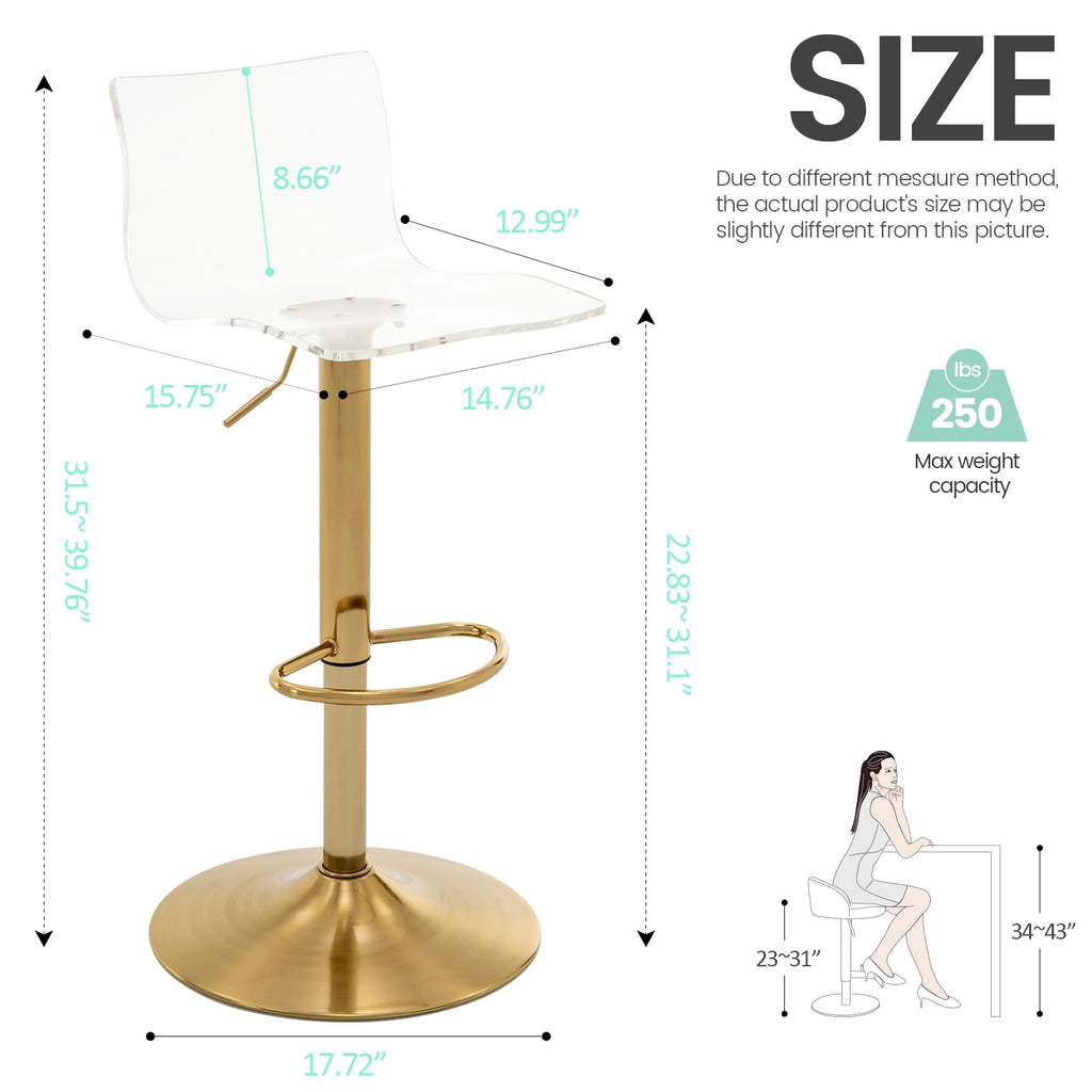 Acrylic Bar Stools with Mid Back Set of 2 Adjustable Swivel Clear Gold Base