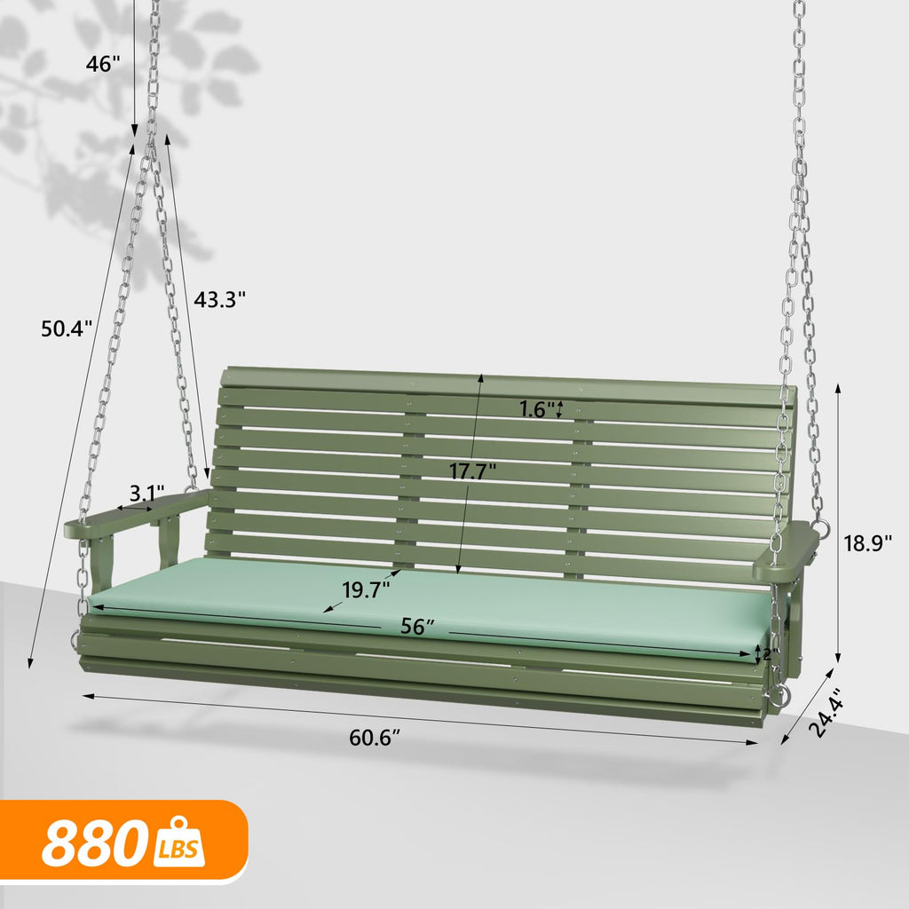 Wooden Porch Swing, Heavy Duty 880 LBS Hanging Patio Bench with Extra Cushion for Lawn| Garden| Courtyard (Green, 5