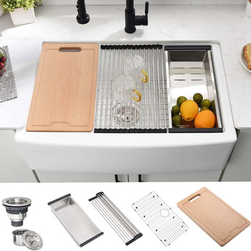 33 Inch Farmhouse Sink White Fireclay Porcelain Ceramic Farm Sink | 33x21 Farmhouse Kitchen Sink,Apron Front