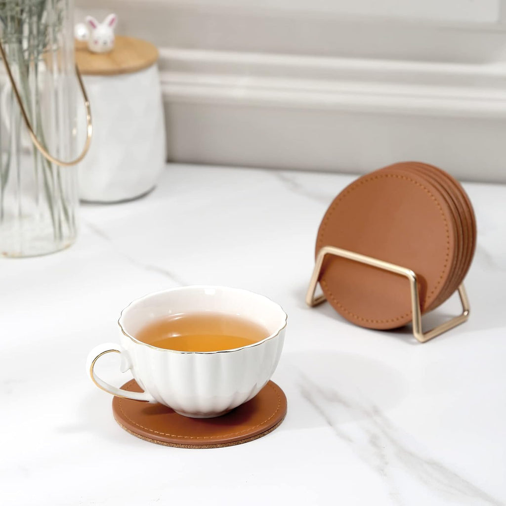 Drink Coasters with Metal Holder Stand, PU Leather Absorbent Coasters with Cork Base Table Coaster Set - Set of 6