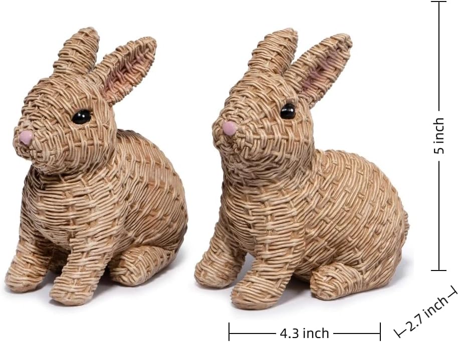 Woven Easter Bunny Figurines - 4.8" Tall White Rabbit Resin Sculptures with Handcrafted Wicker-Style Design - Set of 2