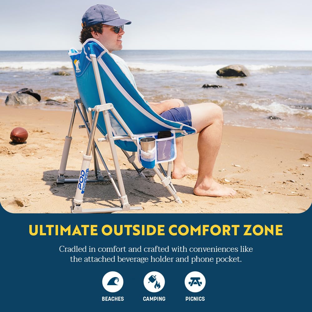 Pod Rocker Beach Chair | Collapsible Folding Rocking Chair with Drink Holder & Portable Carry Bag - Saybrook Blue