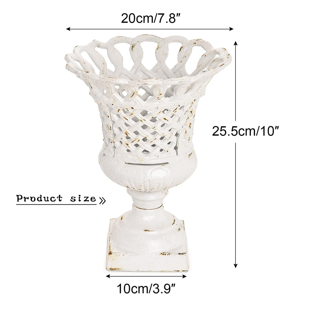 Cast Iron White Urn Planter - 10 Inches Hollow Trophy-Shaped Design