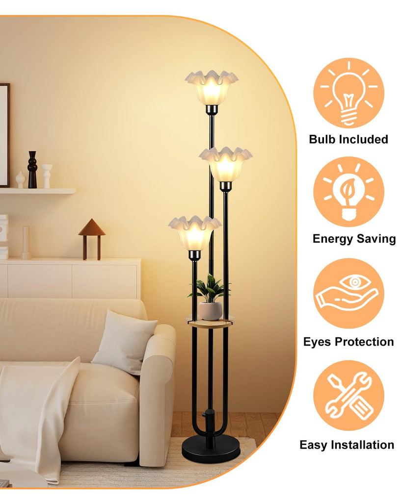 Flower Floor Lamp Dimmable Vintage Floor Lamp with Shelf & Bulbs Included Mid Century Black Floral Standing Tall Lamp