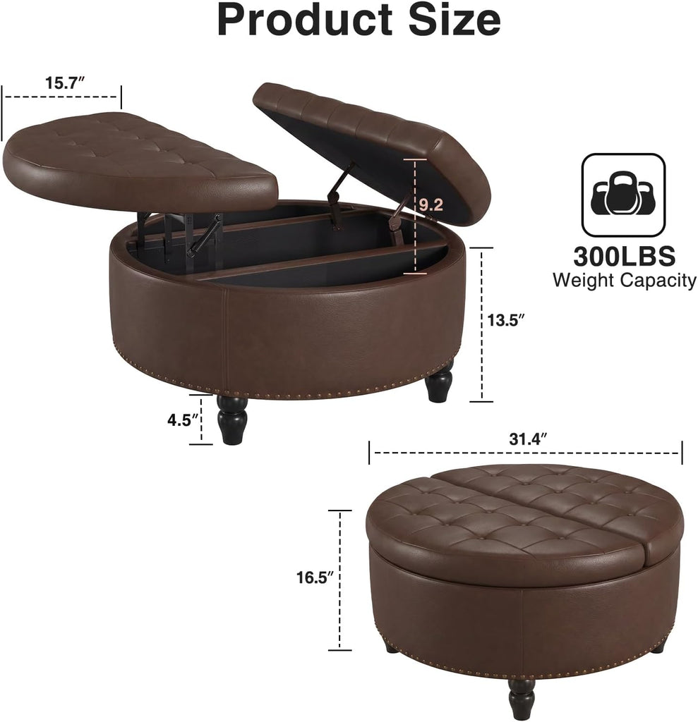 30 Inch Large Round Ottoman with Storage Circular,Chocolate | Leather Coffee Table with Lift Top,Modern Upholstered