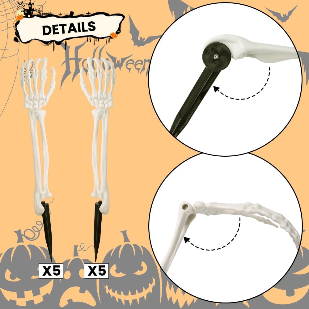 Halloween Skeleton Arm Decor White Hands Stakes - Set of 10