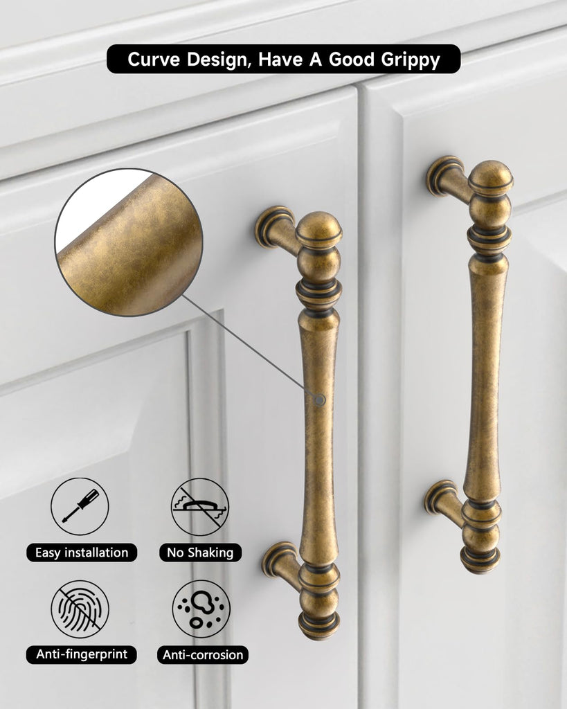 Brushed Antique Brass Cabinet Handles Kitchen Pulls 7.5 Inch 10 Pack