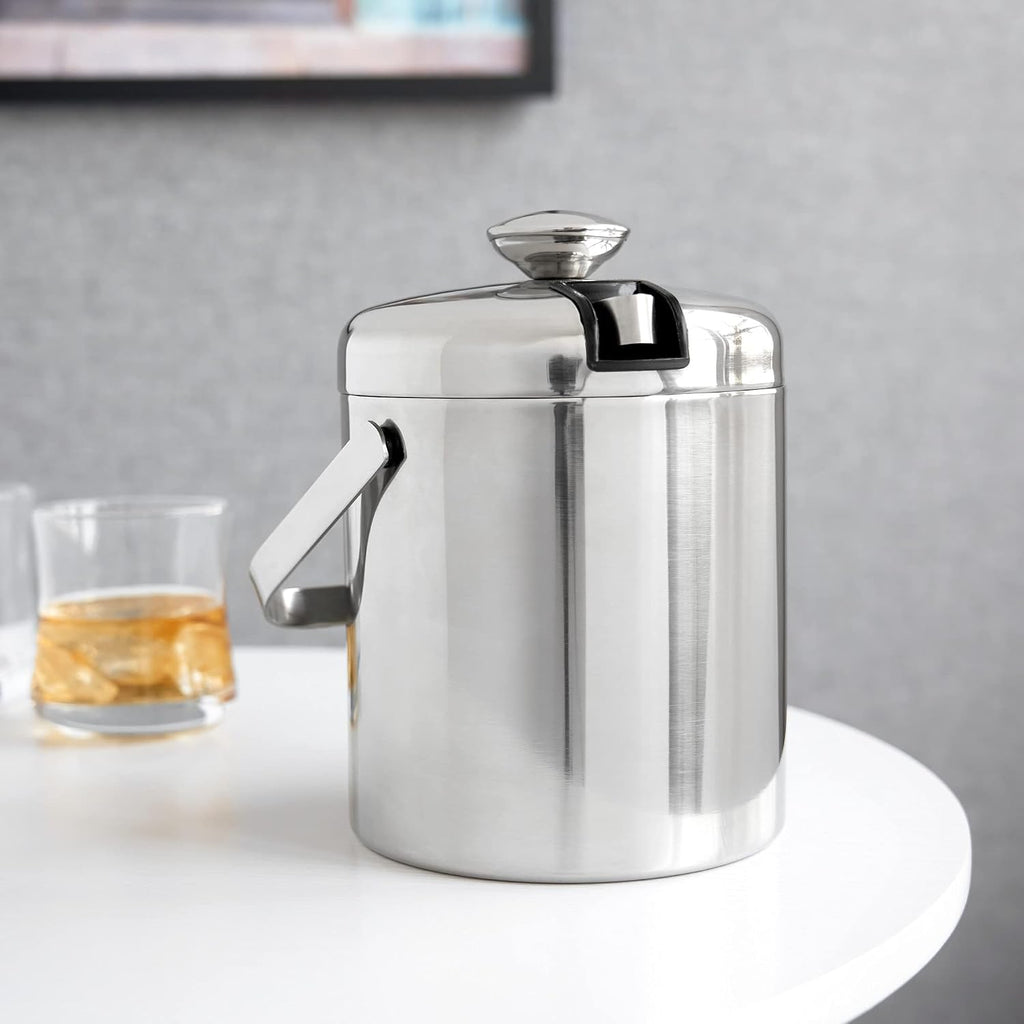 Stainless Steel Ice Buckets for Parties with Lid, 1.3L Capacity Double Wall Ice Bucket with Tongs, Insulated Ice