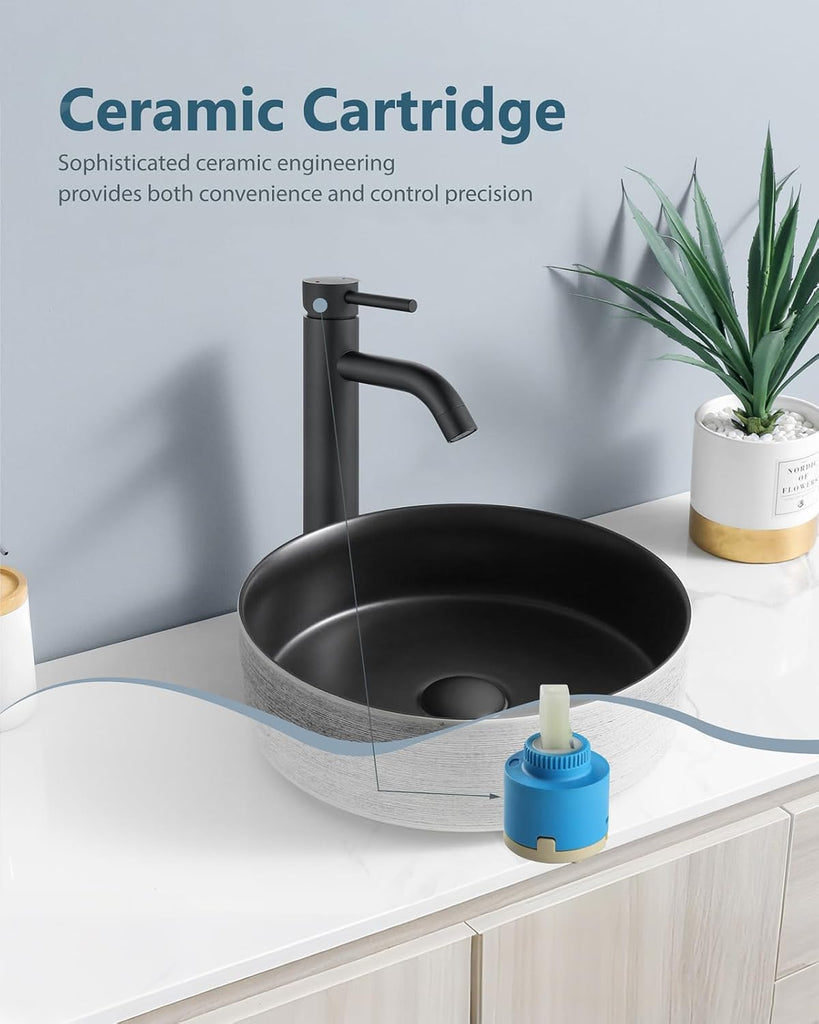 Matte Black Vessel Sink Faucet Bathroom Faucet Tall Stainless Steel Bathroom Sink Faucet Single Handle One Hole Round