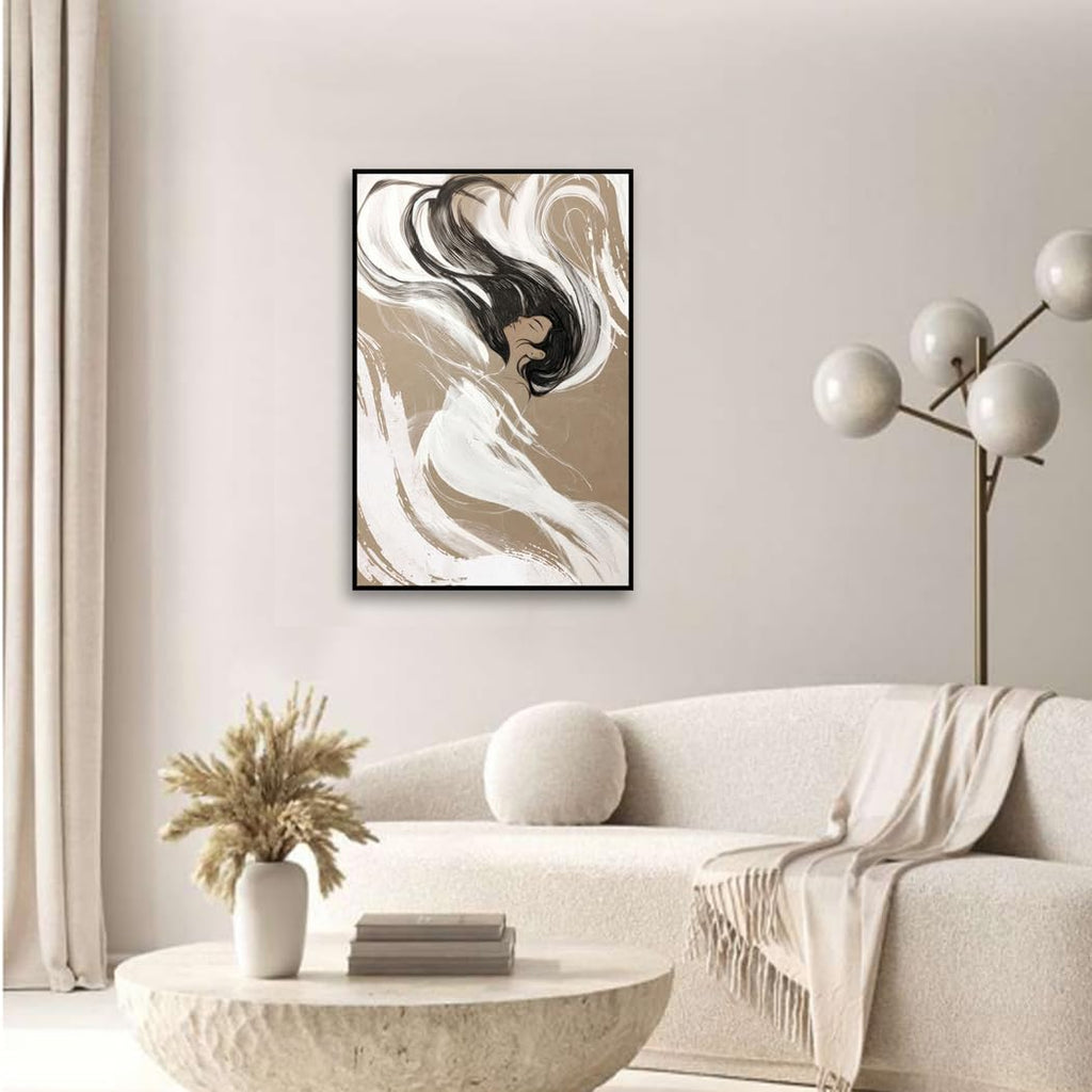 Framed Woman Decor Wall Art - 24 x 36 Abstract Modern Tan Beige Female Portrait Pictures Canvas Print Living Room