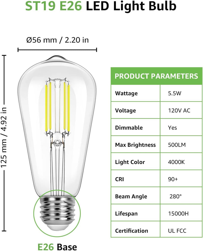 Dimmable E26 Edison LED Bulbs, 4000K Neutral White, 60W Equiv, 6 Pack