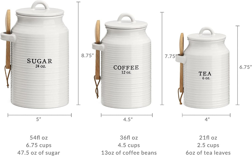 Ceramic Kitchen Canister Set White (Coffee/Sugar/Tea) - Set of 3