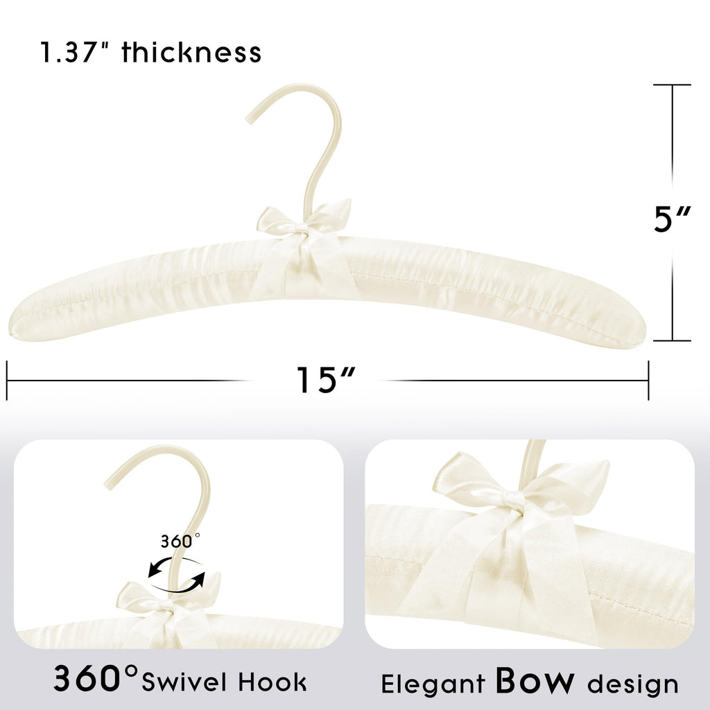 Women's Satin Padded Hangers - 15" Foam-Filled Wooden Clothes Hangers with No Shoulder Bumps, Bow Accent, for