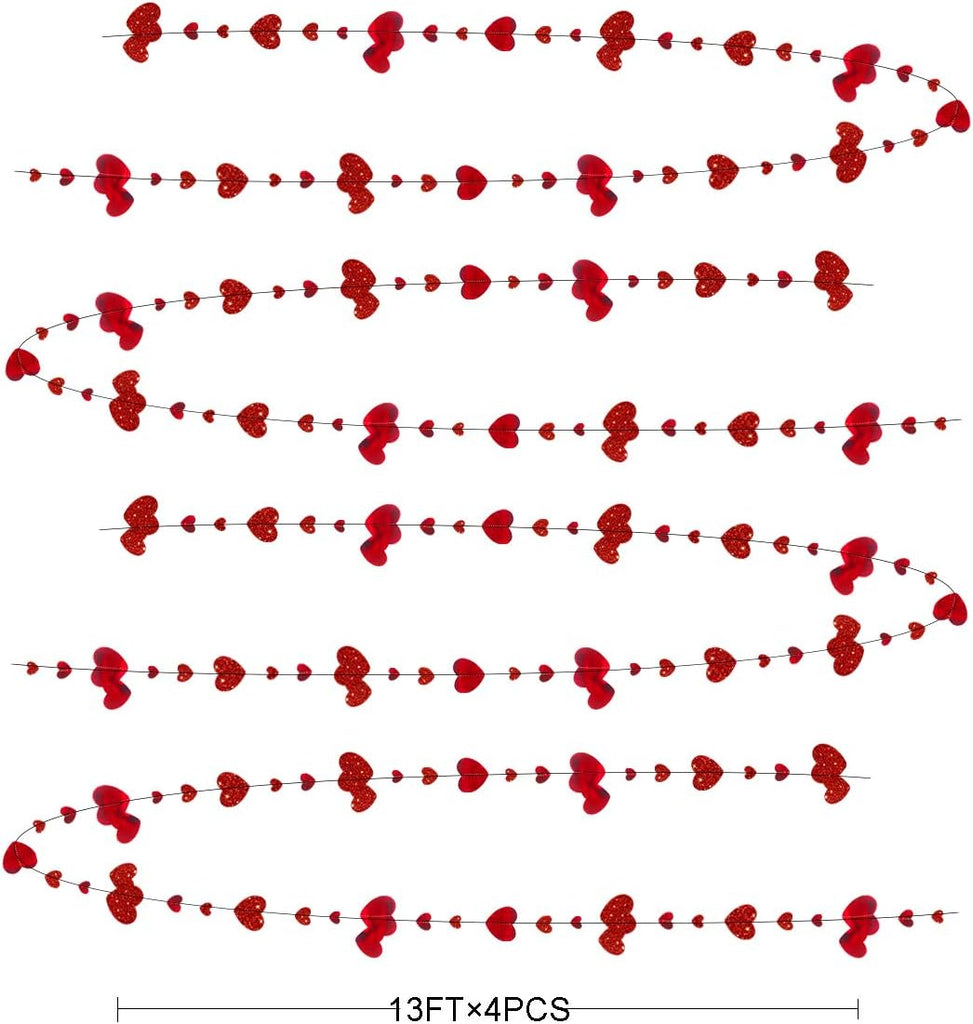 52Ft Valentines Day Party Decorations Red Heart Garland Metallic Glitter Hanging Heart Streamer Banner - Set of 4