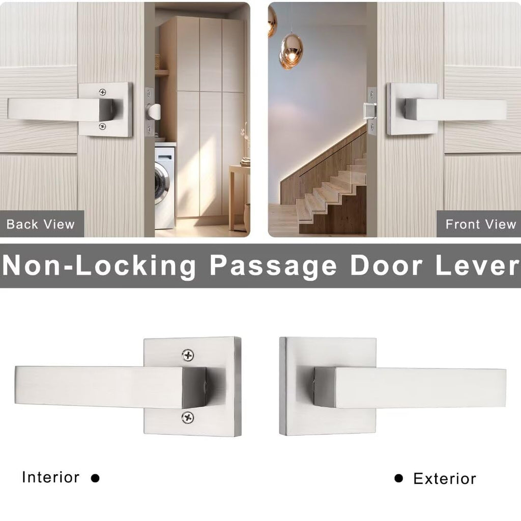 3 Pack Brushed Nickel Interior Door Handles, Non-Locking Passage Lever Door Handle, Square Heavy Duty Door Levers for