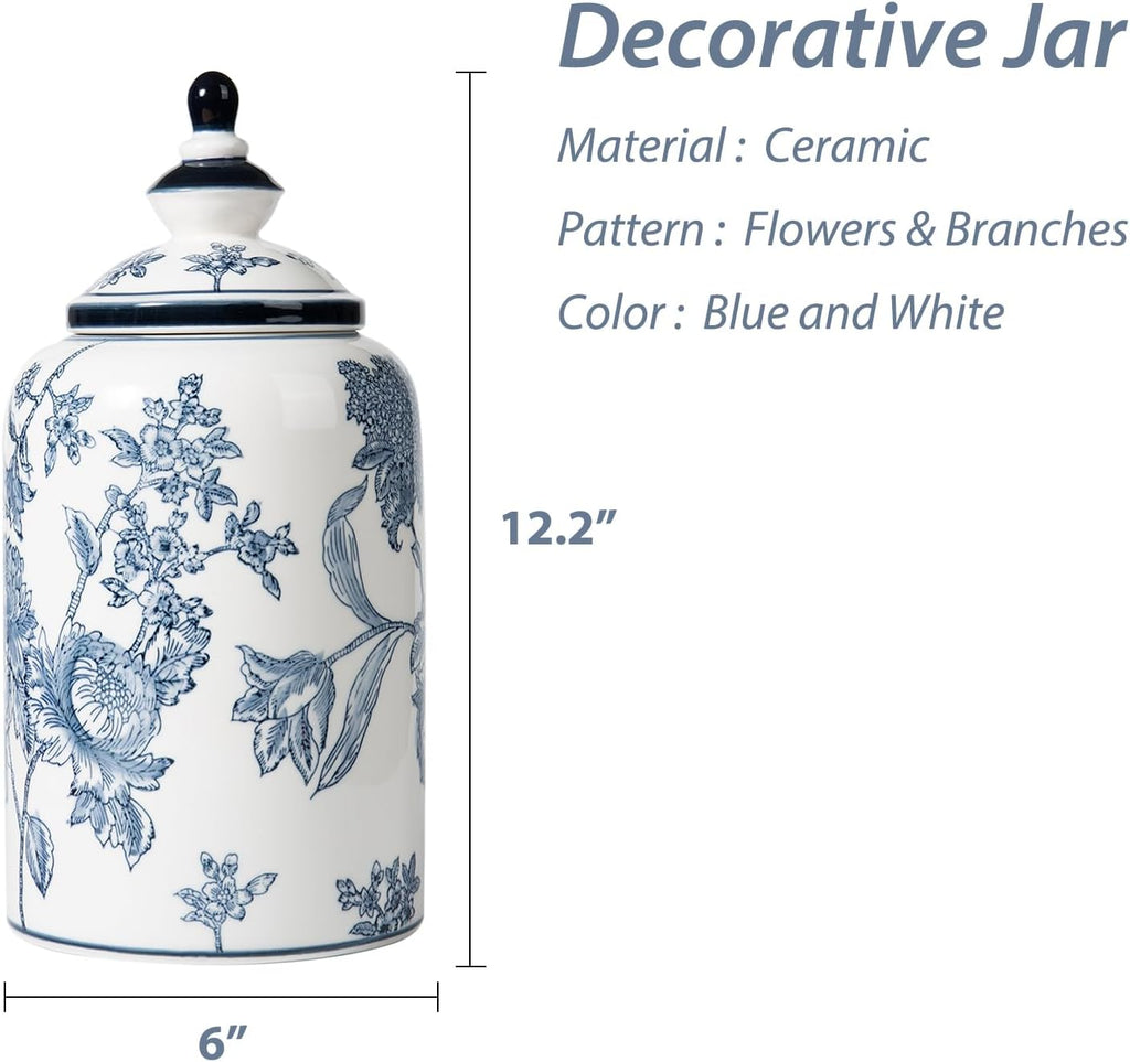 Blue and White Ginger Jar Decor, Chinoiserie Vase Decor, 12x6 Inch