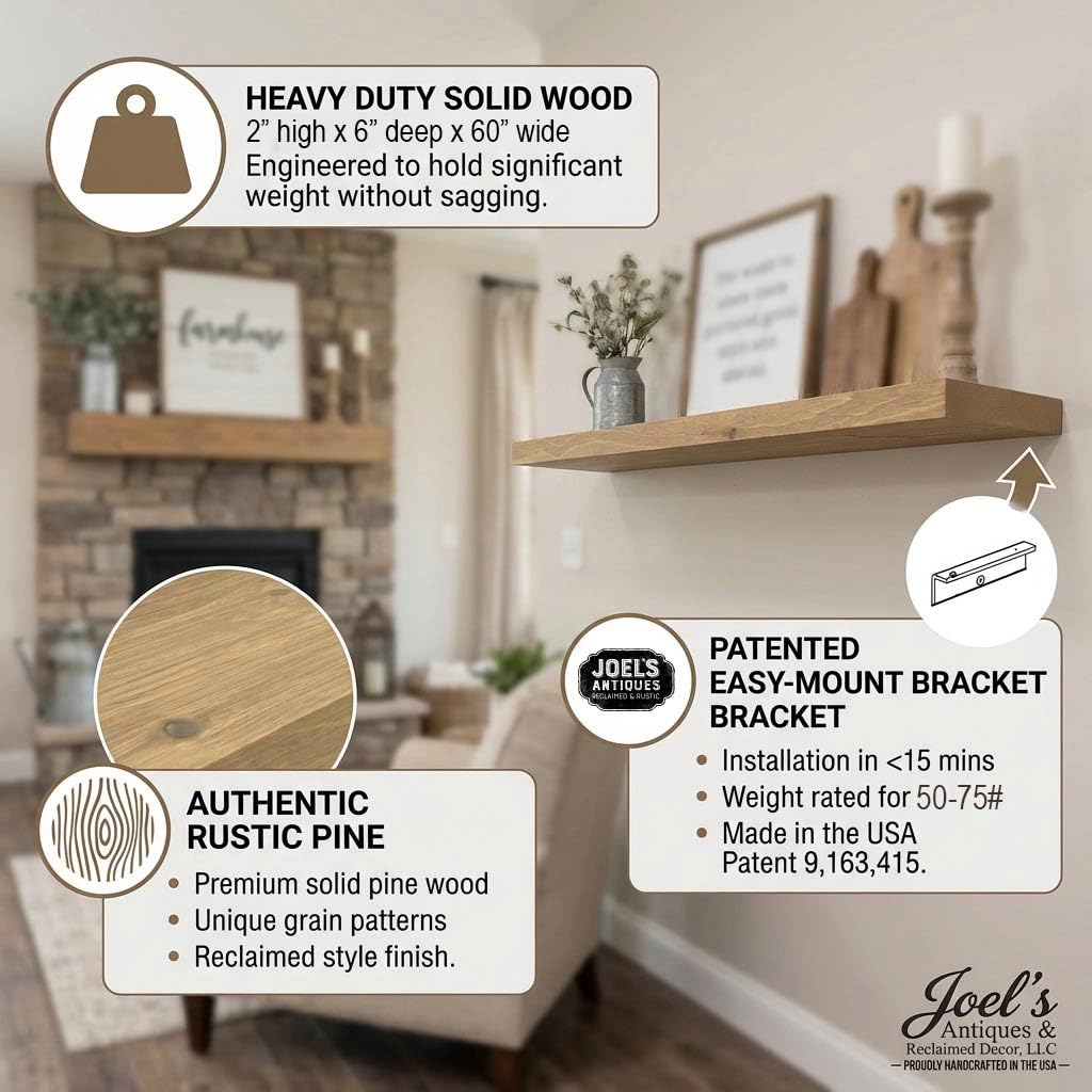 60 inch Wooden Floating Shelves for Wall - 60x6x2 in, High End Solid Natural Wood, Heavy Duty Bracket, Wall Mounted
