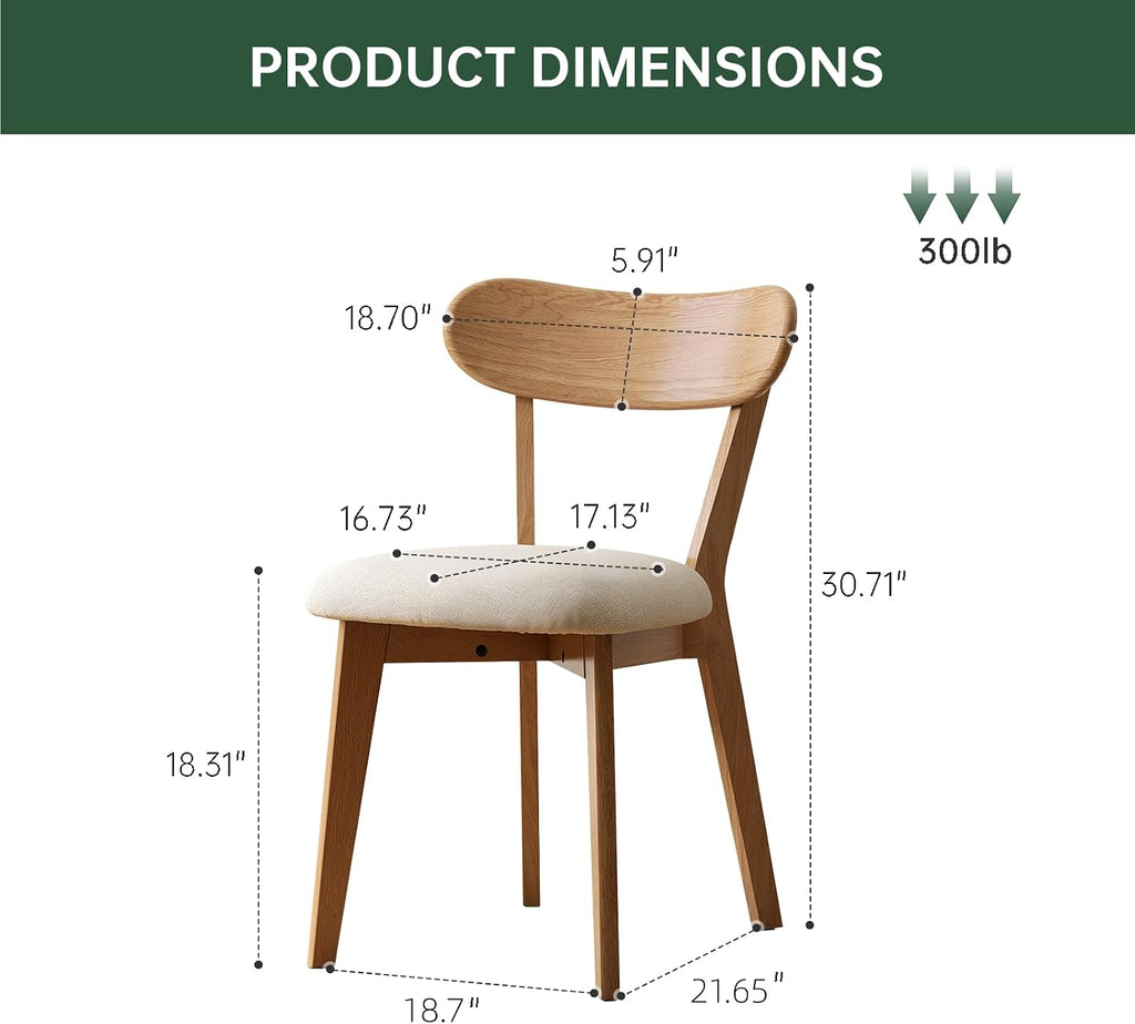 100% Solid Oak Dining Chairs, Mid Century Modern Dining Chair with Curved Backrest, Fabric Upholstered Dining Chairs
