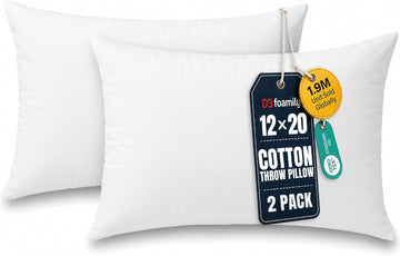 12x20 Lumbar Pillow Inserts, 100% Cotton Cover, White - Set of 2