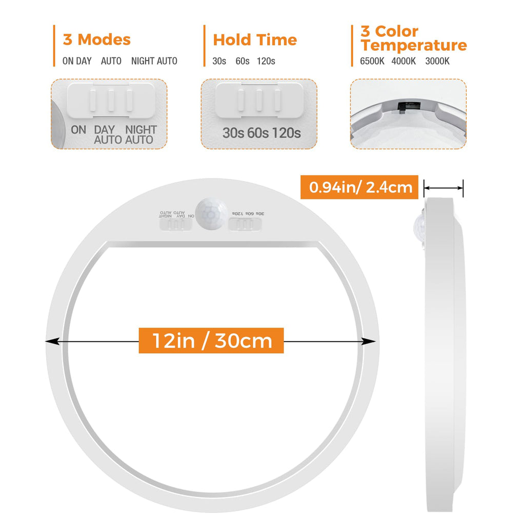 2Pack Motion Sensor Light Indoor Wired, 12 Inch 3000K/4000K/6500K Closet Lights Motion Sensored, 24W Flush