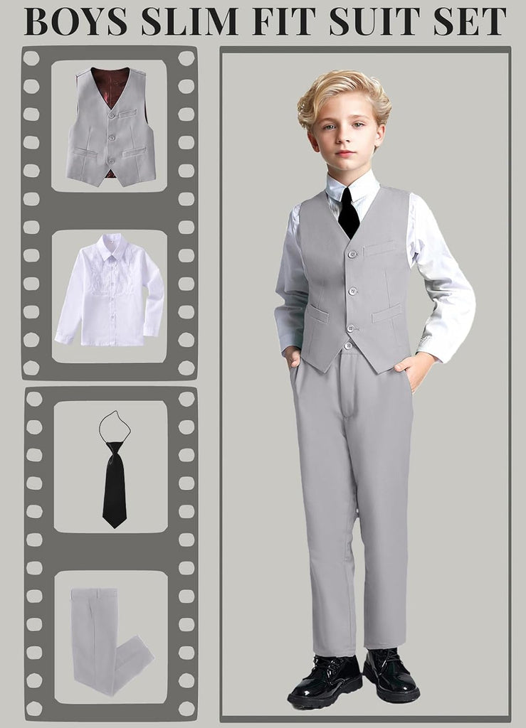 Toddler Boys Formal Suits Set,Vest Pants Dress Shirt and Tie for Kids Boy Wedding Ring Bearer Oufit