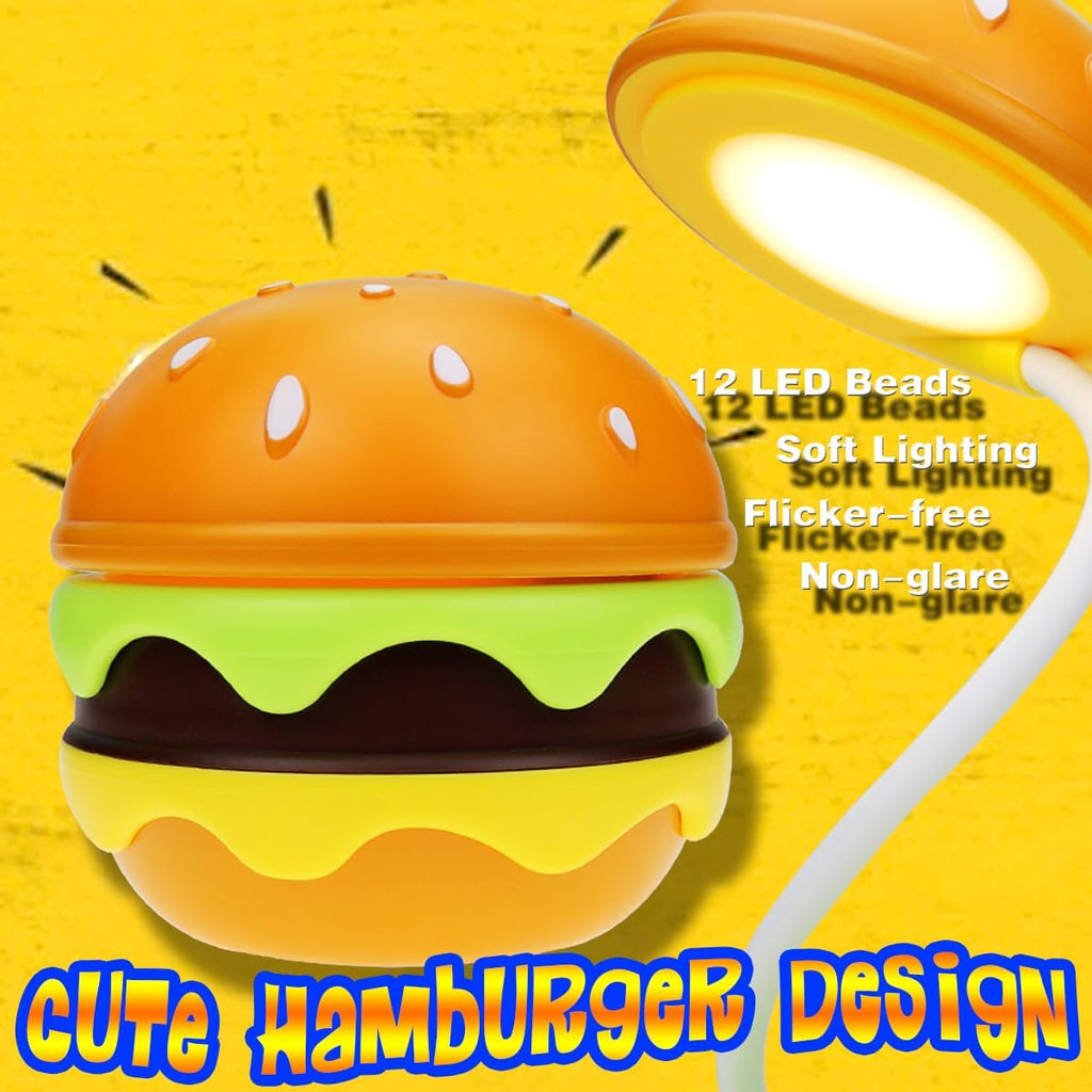 Cute Desk Lamp for Kids, Rechargeable Hamburger Small Desk Lamps with Adjustable Neck Dimmable Touch Switch, Nursery
