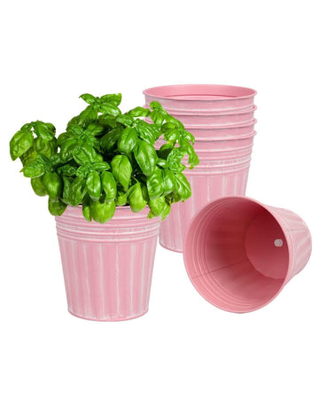 6 Inch Pink Metal Rustic Flower Pots - 6Pcs Medium Galvanized Planters with Drainage Hole and Rubber Plug, Rustproof