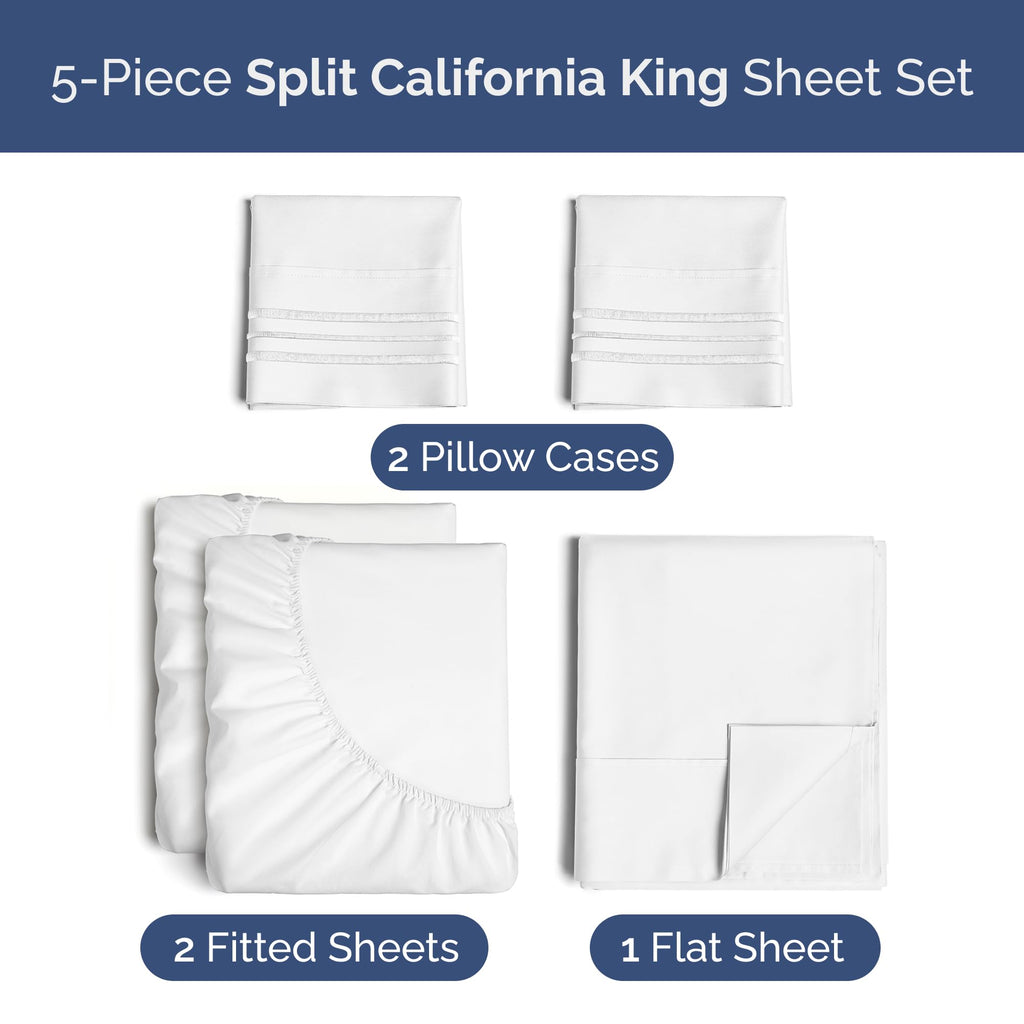 Split California King Bed Sheet Set - 5 Piece Split Cal King Sheets - White