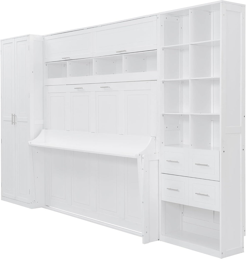 Queen Horizontal Murphy Bed with Desk, Folding Murphy Bed Cabinet with Wardrobe Storage Drawers and Shelves, Hideaway