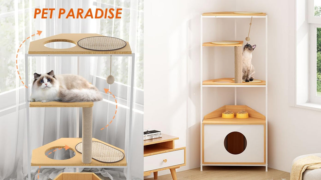 Corner Cat Tree Cat Tower Cat Condo Cat House Furniture, White + Light Oak