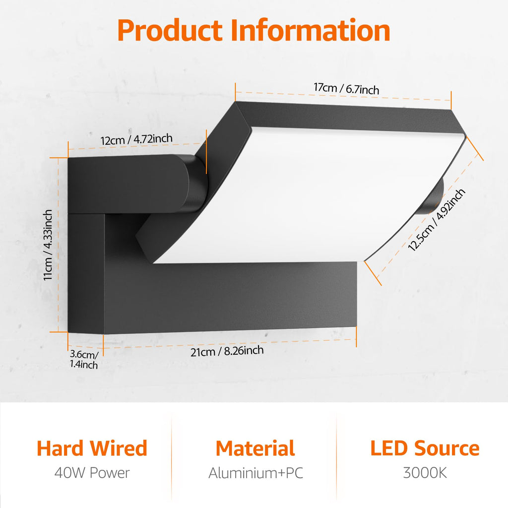 40W Modern LED Outdoor Wall Sconce, Black 3000K Exterior Porch Light