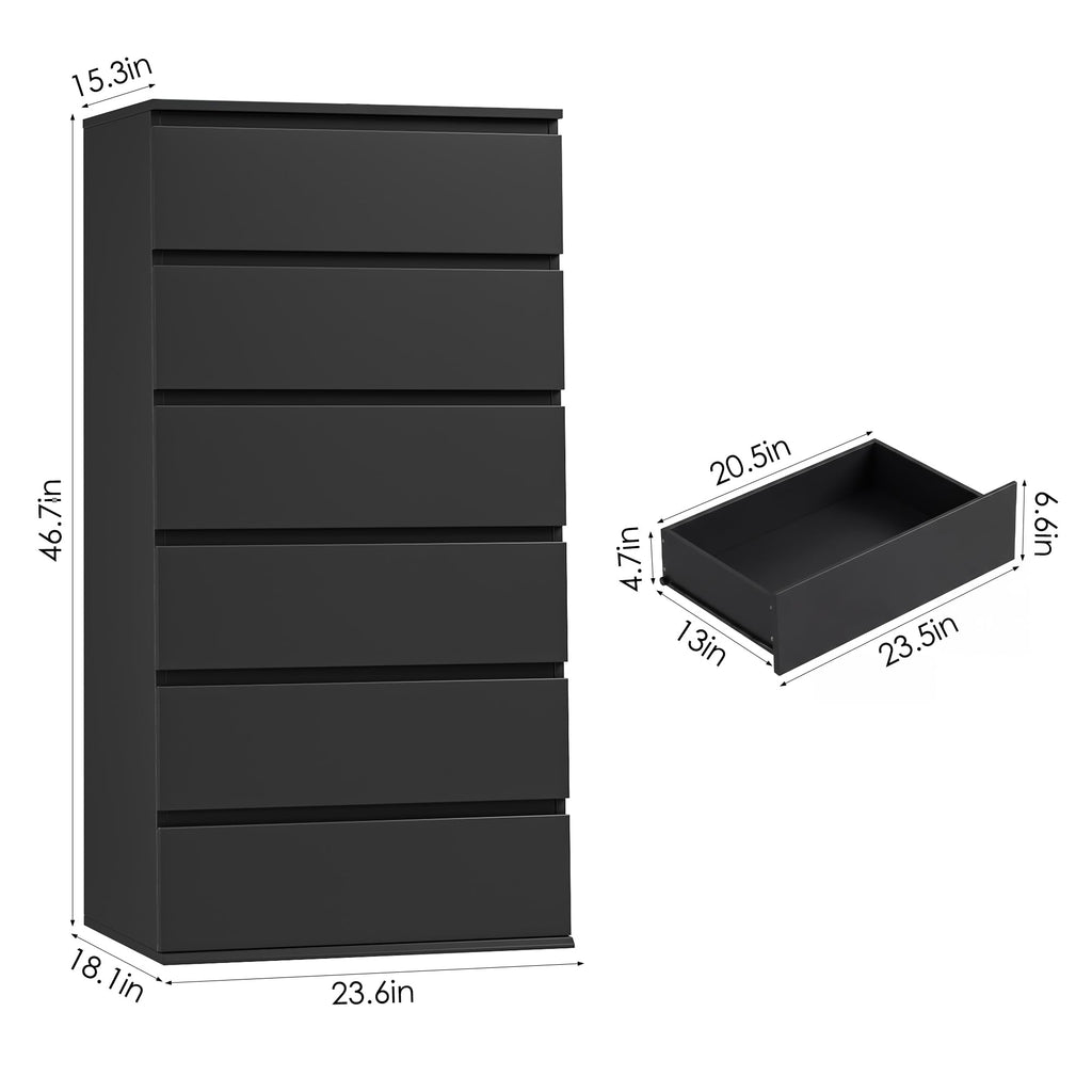 Black Dresser, 6 Drawer Dresser with Handleless Drawer Cabinet